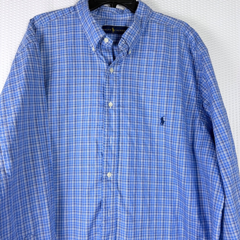 Ralph Lauren Men‎ Shirt 2XBT Blue 100% Cotton Plaid Button Down Long Sleeve